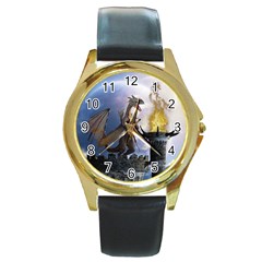 Dragon Land 2 Round Metal Watch (gold Rim)  by gatterwe