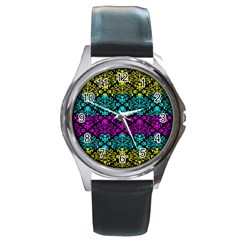 Cmyk Damask Flourish Pattern Round Metal Watch (silver Rim) by DDesigns