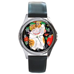 Maneki Neko Round Metal Watch (Silver Rim)