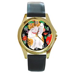 Maneki Neko Round Metal Watch (gold Rim)  by TabbyCatStudios