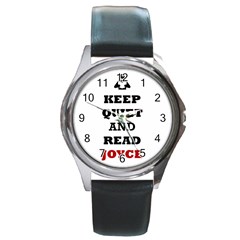 Keep Quiet And Read Joyce Black Round Metal Watch (silver Rim)