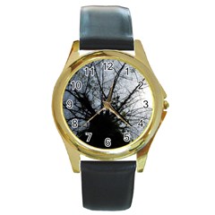 An Old Tree Round Metal Watch (gold Rim)  by natureinmalaysia