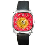 A Red Flower Square Leather Watch Front