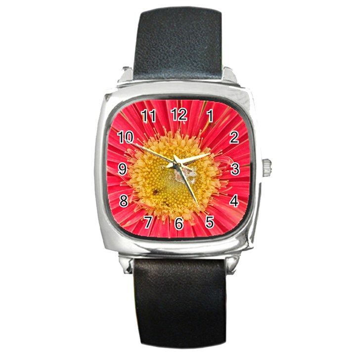 A Red Flower Square Leather Watch