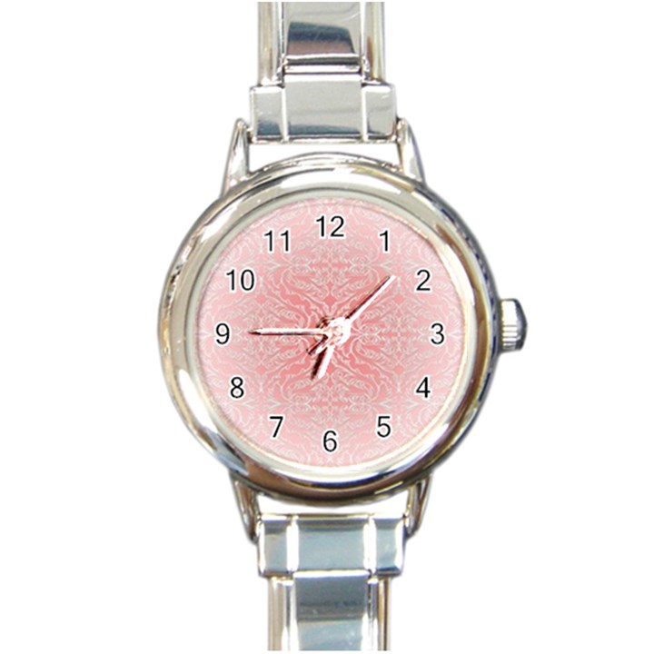 Pink Elegant Damask Round Italian Charm Watch