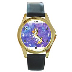 Unicorn Ii Round Metal Watch (gold Rim)  by mysticalimages