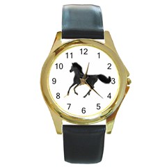 Running Horse Round Metal Watch (gold Rim)  by mysticalimages