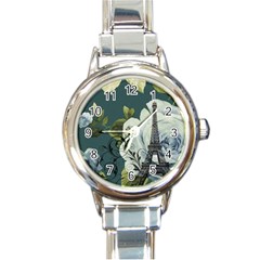 Blue Roses Vintage Paris Eiffel Tower Floral Fashion Decor Round Italian Charm Watch by chicelegantboutique