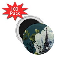 Blue Roses Vintage Paris Eiffel Tower Floral Fashion Decor 1 75  Button Magnet (100 Pack) by chicelegantboutique