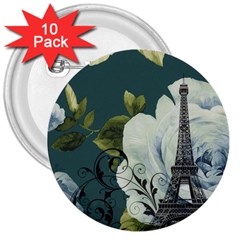 Blue Roses Vintage Paris Eiffel Tower Floral Fashion Decor 3  Button (10 Pack) by chicelegantboutique