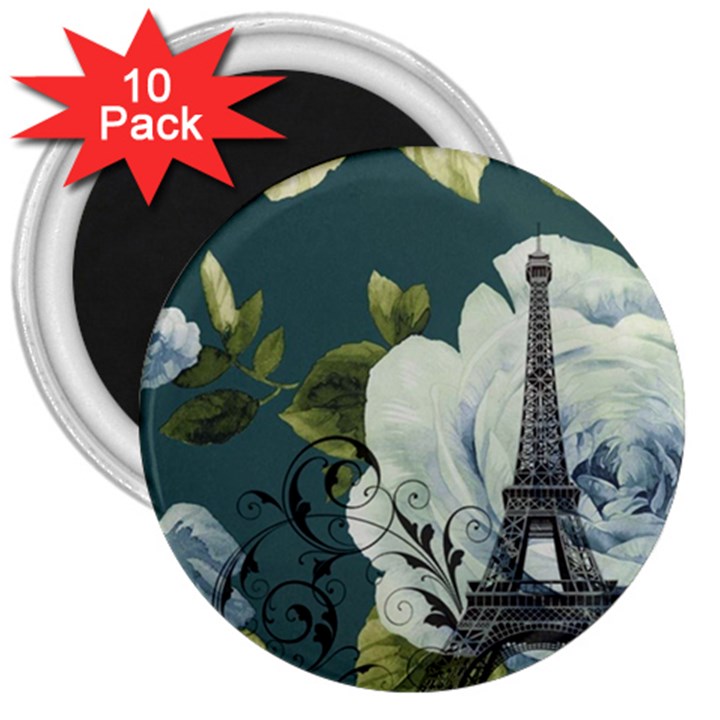 Blue roses vintage Paris Eiffel Tower floral fashion decor 3  Button Magnet (10 pack)