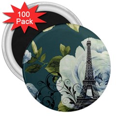 Blue Roses Vintage Paris Eiffel Tower Floral Fashion Decor 3  Button Magnet (100 Pack) by chicelegantboutique