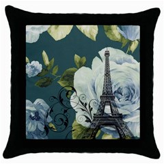 Blue Roses Vintage Paris Eiffel Tower Floral Fashion Decor Black Throw Pillow Case