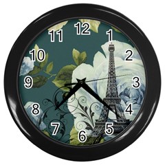 Blue Roses Vintage Paris Eiffel Tower Floral Fashion Decor Wall Clock (black)