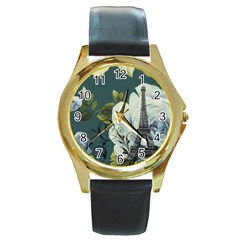 Blue Roses Vintage Paris Eiffel Tower Floral Fashion Decor Round Metal Watch (gold Rim)  by chicelegantboutique