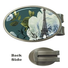 Blue Roses Vintage Paris Eiffel Tower Floral Fashion Decor Money Clip (oval) by chicelegantboutique