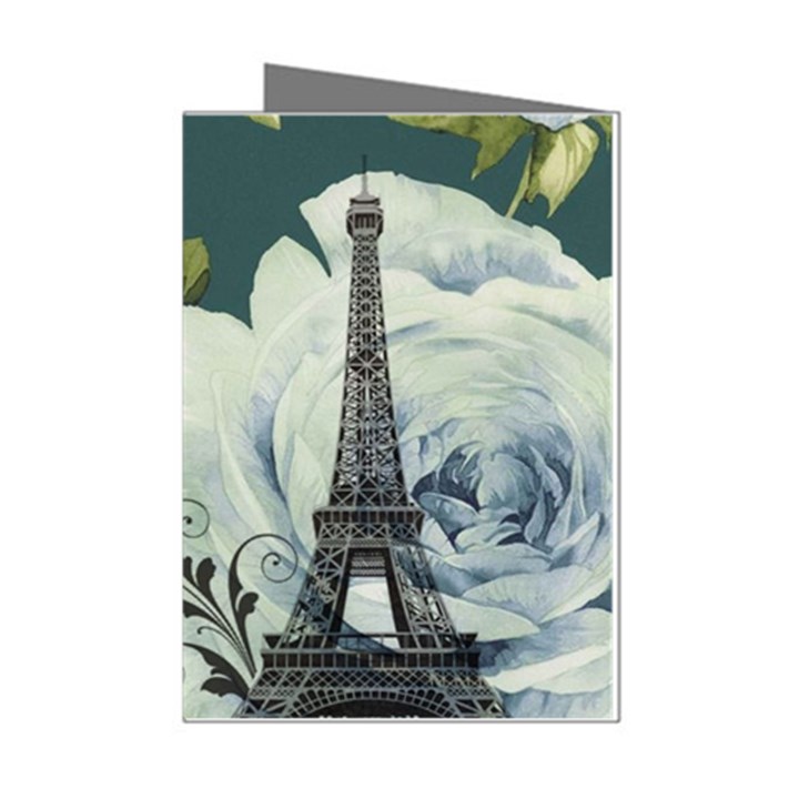 Blue roses vintage Paris Eiffel Tower floral fashion decor Mini Greeting Card (8 Pack)