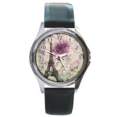 Purple Floral Vintage Paris Eiffel Tower Art Round Metal Watch (silver Rim) by chicelegantboutique