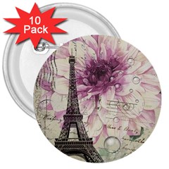 Purple Floral Vintage Paris Eiffel Tower Art 3  Button (10 Pack) by chicelegantboutique