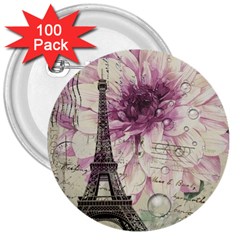 Purple Floral Vintage Paris Eiffel Tower Art 3  Button (100 Pack) by chicelegantboutique