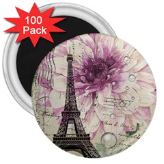 Purple Floral Vintage Paris Eiffel Tower Art 3  Button Magnet (100 Pack) by chicelegantboutique