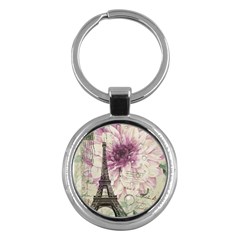 Purple Floral Vintage Paris Eiffel Tower Art Key Chain (round) by chicelegantboutique