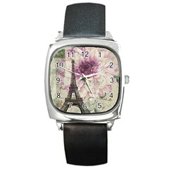 Purple Floral Vintage Paris Eiffel Tower Art Square Leather Watch by chicelegantboutique