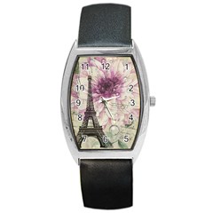 Purple Floral Vintage Paris Eiffel Tower Art Tonneau Leather Watch by chicelegantboutique