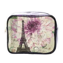 Purple Floral Vintage Paris Eiffel Tower Art Mini Travel Toiletry Bag (one Side) by chicelegantboutique