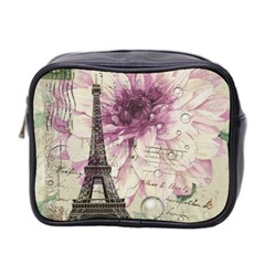 Purple Floral Vintage Paris Eiffel Tower Art Mini Travel Toiletry Bag (two Sides) by chicelegantboutique