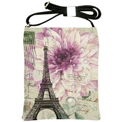 Purple Floral Vintage Paris Eiffel Tower Art Shoulder Sling Bag by chicelegantboutique