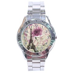 Purple Floral Vintage Paris Eiffel Tower Art Stainless Steel Watch (men s) by chicelegantboutique