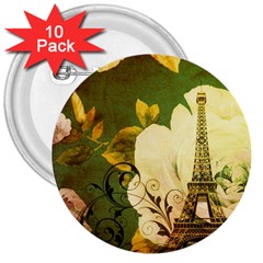 Floral Eiffel Tower Vintage French Paris 3  Button (10 Pack)