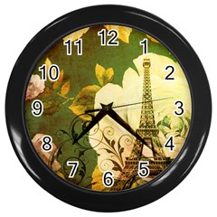 Floral Eiffel Tower Vintage French Paris Wall Clock (black) by chicelegantboutique