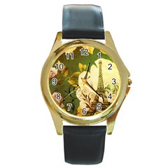 Floral Eiffel Tower Vintage French Paris Round Metal Watch (gold Rim) 