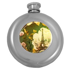 Floral Eiffel Tower Vintage French Paris Hip Flask (round) by chicelegantboutique