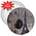 Floral Vintage Paris Eiffel Tower Art 3  Button (10 pack) Front