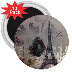 Floral Vintage Paris Eiffel Tower Art 3  Button Magnet (10 Pack) by chicelegantboutique