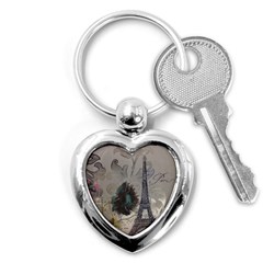 Floral Vintage Paris Eiffel Tower Art Key Chain (heart) by chicelegantboutique