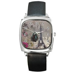 Floral Vintage Paris Eiffel Tower Art Square Leather Watch by chicelegantboutique