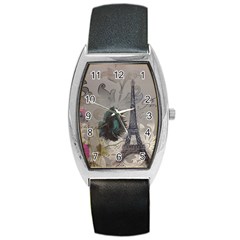 Floral Vintage Paris Eiffel Tower Art Tonneau Leather Watch by chicelegantboutique