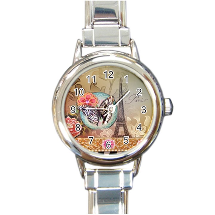 Fuschia Flowers Butterfly Eiffel Tower Vintage Paris Fashion Round Italian Charm Watch