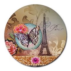 Fuschia Flowers Butterfly Eiffel Tower Vintage Paris Fashion 8  Mouse Pad (round) by chicelegantboutique