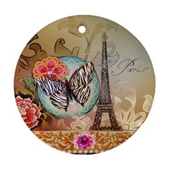 Fuschia Flowers Butterfly Eiffel Tower Vintage Paris Fashion Round Ornament by chicelegantboutique