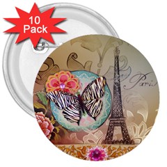 Fuschia Flowers Butterfly Eiffel Tower Vintage Paris Fashion 3  Button (10 Pack) by chicelegantboutique