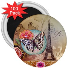 Fuschia Flowers Butterfly Eiffel Tower Vintage Paris Fashion 3  Button Magnet (100 Pack) by chicelegantboutique