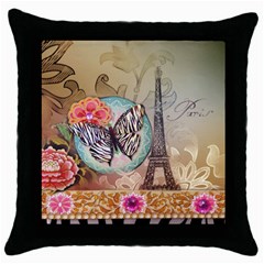 Fuschia Flowers Butterfly Eiffel Tower Vintage Paris Fashion Black Throw Pillow Case