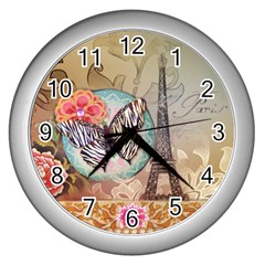 Fuschia Flowers Butterfly Eiffel Tower Vintage Paris Fashion Wall Clock (silver) by chicelegantboutique