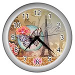 Fuschia Flowers Butterfly Eiffel Tower Vintage Paris Fashion Wall Clock (Silver) Front