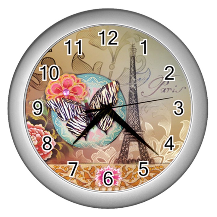 Fuschia Flowers Butterfly Eiffel Tower Vintage Paris Fashion Wall Clock (Silver)